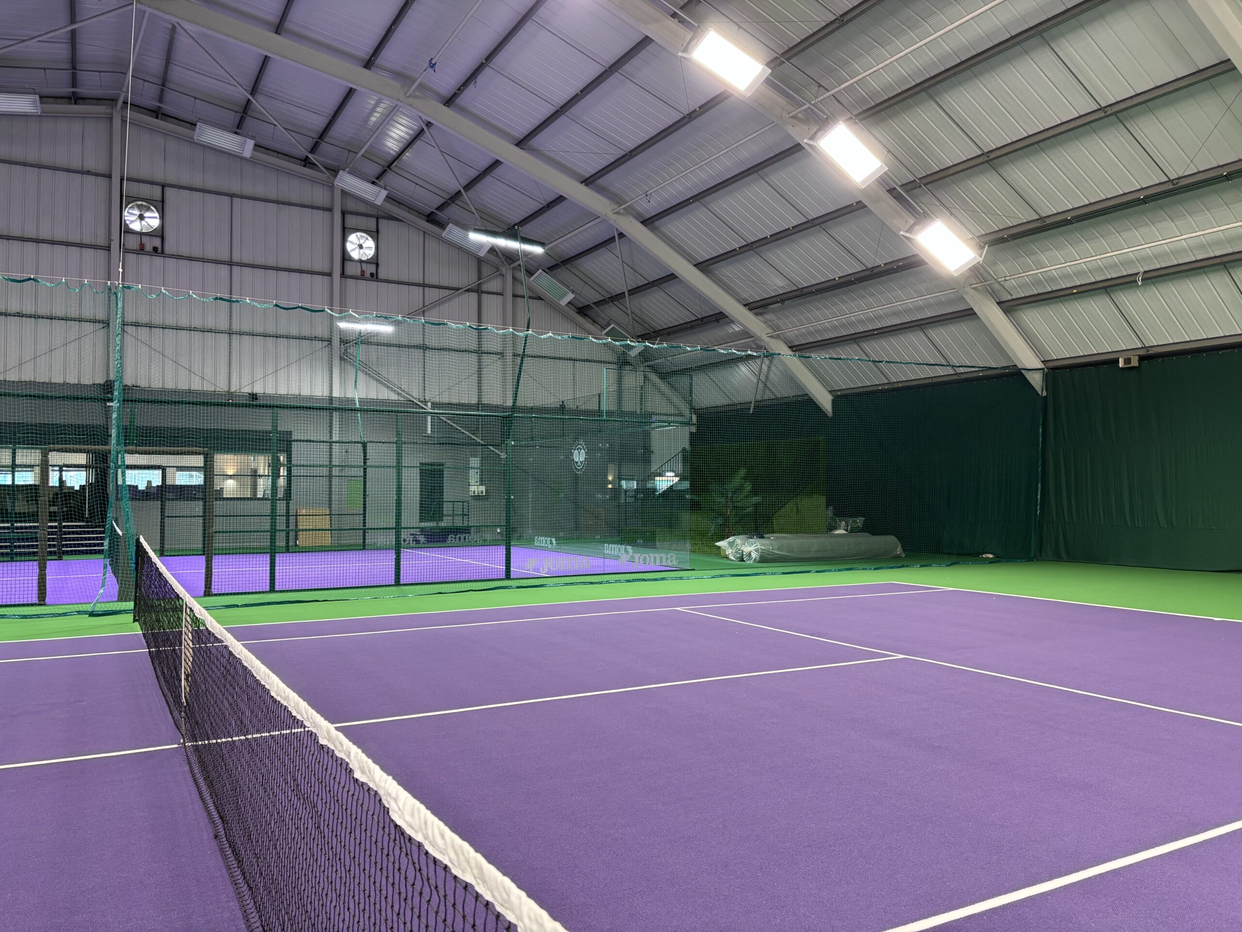 Completed indoor tennis and padel screening installation at Tennis World Middlesbrough